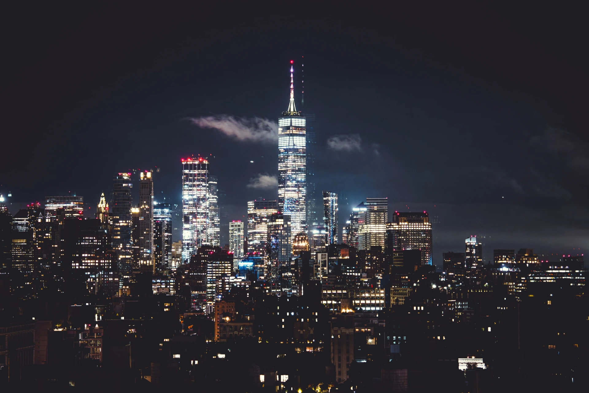 New York City skyline illuminated after dark